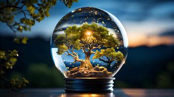 AI generated Green trees and plants in the glass sphere of a light bulb. The concept of green environmentally friendly alternative energy and ecology video