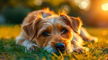 ai gegenereerd hond aan het liegen Aan de gras en op zoek Bij de camera video