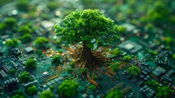 AI generated Green tree with roots on circuit board motherboard. The concept of artificial intelligence video