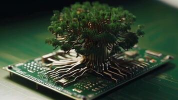 ai genererad grön naturlig miljövänlig träd och dator teknologi på ett abstrakt avancerad trogen bakgrund av mikrochips och dator krets styrelser med transistorer video