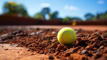 ai gerado uma tênis bola mentiras em uma argila Castanho superfície em a terra em uma tênis quadra video