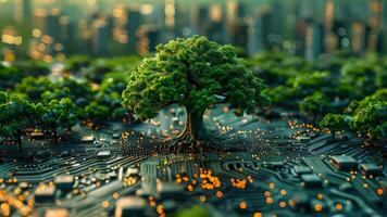 ai generato verde naturale eco-friendly albero e computer tecnologia su un astratto High Tech futuristico sfondo di microchip e computer circuito tavole con transistor video