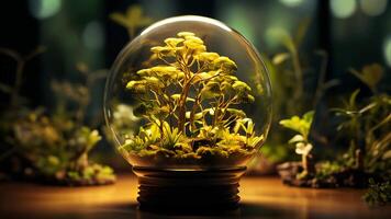 AI generated Green trees and plants in the glass sphere of a light bulb. The concept of green environmentally friendly alternative energy and ecology video