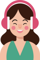 A woman wearing pink headphones is smiling. music day. png