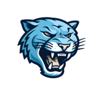 An angry jaguar head in blue,shaped like a flat modern sports logo png