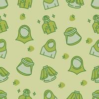 Seamless pattern of Muslim dress on green background. Vector illustration.