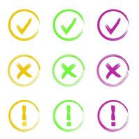 Check mark or done and yes signs, cross warning or wrong, exclamation and attention sign symbol vector. vector