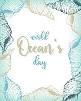 World Oceans day card poster with seashells contour hand drawing. vector