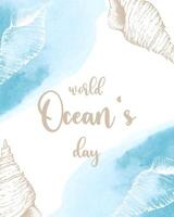 Oceans day card poster with seashells contour hand drawing on watercolor background. vector