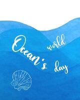 World oceans day on blue watercolor waves background with seashell contour hand drawn. vector