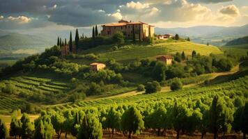 ai generato un' affascinante Casa arroccato su un' pittoresco collina, avvolto di un' lussureggiante verde baldacchino di alberi, un' tranquillo, calmo scena di un' lussureggiante vigneto nel il cuore di Toscana, ai generato video