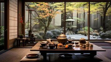 AI generated A room featuring a table, chairs, and a tea pot, A traditional Japanese home with tatami mats and a tea ceremony setup, AI Generated video