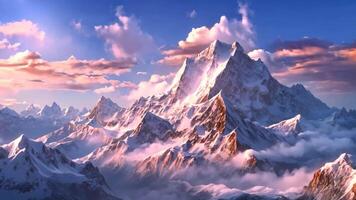 AI generated A captivating painting showcasing a majestic mountain enveloped by billowy clouds in the sky, A surreal snow-capped mountain range during sunset, AI Generated video