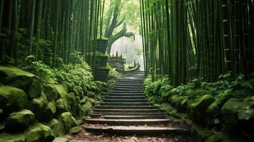 ai gerado uma cênico caminho cortes através uma vibrante verde floresta, guiando para uma tranquilo e pacífico atmosfera, uma tranquilo bambu floresta dentro Bali, ai gerado video