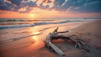 ai gegenereerd een log resting Aan de zanderig strand, verlichte door de warm kleuren van de instelling zon, een rustig tafereel van een uitgestorven strand Bij zonsopkomst, ai gegenereerd video