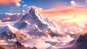 AI generated A breathtaking painting capturing the beauty of a mountain range with a stunning sunset backdrop, A surreal snow-capped mountain range during sunset, AI Generated video