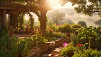 AI generated The sun shines through the trees, casting gentle rays of light in a serene garden setting, A tranquil organic herb garden in the morning light, AI Generated video