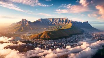 ai generiert diese atemberaubend Bild Vitrinen das atemberaubend Schönheit von ein Stadt eingetaucht im Nebel und umgeben durch Wolken, ein Antenne Aussicht von Tabelle Berg, Kap Stadt, ai generiert video