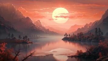 AI generated A beautiful painting depicts a serene sunset casting a warm glow over a calm body of water, A tranquil depiction of soft, blending hues reminiscent of a sunset, AI Generated video