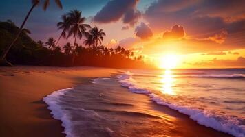 AI generated Idyllic Sunset on a Tropical Beach With Palm Trees, A tropical beach at sunset with palms casting long shadows, AI Generated video