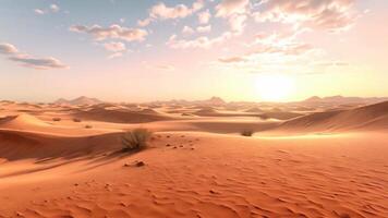 ai generado un solitario planta soportes en el vastedad de el Desierto paisaje, un interminable Desierto con arena dunas extensión a el horizonte, ai generado video