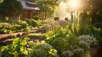 ai genererad en fantastisk trädgård myllrande med en olika array av grön växter skapar en vibrerande och uppfriskande atmosfär, en lugn organisk ört trädgård i de morgon- ljus, ai genererad video