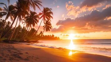 AI generated Stunning Sunset on Tropical Beach With Palm Trees Creates Tranquil Ambiance, A tropical beach at sunset with palms casting long shadows, AI Generated video