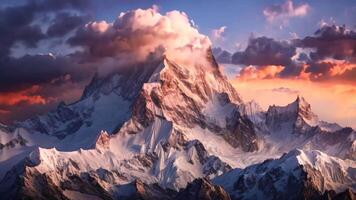 ai generado un imponente cubierto de nieve montaña estiramientos hacia el nubes debajo un gris y nublado cielo, un surrealista nevadas montaña rango durante atardecer, ai generado video