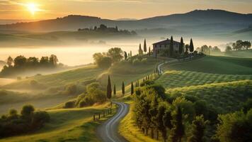 ai generado un sereno la carretera vientos sus camino mediante un lozano verde campo, creando un pintoresco y tranquilo escena, un pacífico campo en toscana durante amanecer, ai generado video