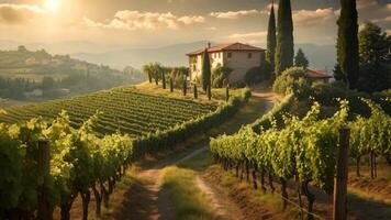 ai generato un' sporco strada crea un' pittoresco sentiero attraverso un' lussureggiante e vivace verde vigneto, un' tranquillo, calmo scena di un' lussureggiante vigneto nel il cuore di Toscana, ai generato video