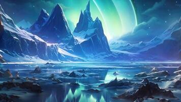 AI generated A breathtaking painting capturing the beauty of towering mountains reflected in a serene lake, A polar landscape showing gleaming icy glaciers under the Northern lights, AI Generated video