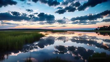 ai gegenereerd een pittoreske meer met sprankelend water genesteld temidden van een adembenemend natuurlijk achtergrond, een vredig moeras Bij schemer met reflecties van de lucht in nog steeds water, ai gegenereerd video