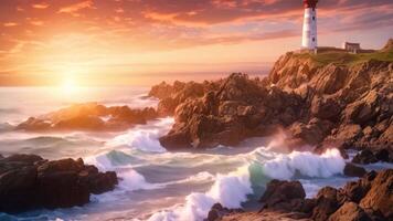 ai généré une pittoresque phare des stands sur une robuste falaise surplombant le vaste océan vagues, une paisible paysage marin avec une phare contre le réglage soleil, ai généré video