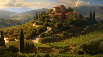 AI generated An artwork depicting a solitary house perched on the peak of a picturesque hill, A peaceful scene of a lush vineyard in the heart of Tuscany, AI Generated video