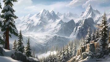 ai generiert ein faszinierend Gemälde abbilden ein heiter schneebedeckt Berg Landschaft geschmückt mit majestätisch Kiefer Bäume., ein schneebedeckt bergig Landschaft mit Kiefer Bäume, ai generiert video