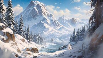 AI generated This image depicts a breathtaking snowy mountain landscape captured through a beautiful painting., A snowy mountainous landscape with pine trees, AI Generated video