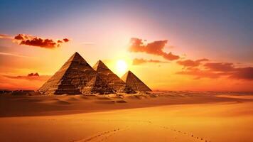 ai généré une étourdissant vidéo de Trois pyramides permanent grand dans le désert contre une Stupéfiant le coucher du soleil toile de fond, ancien pyramides de gizeh avec une toile de fond de le désert, ai généré video