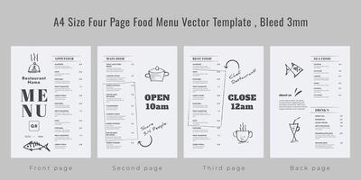 Restaurant cafe menu, template design, A4 size four page food menu template, Bleed 3mm vector