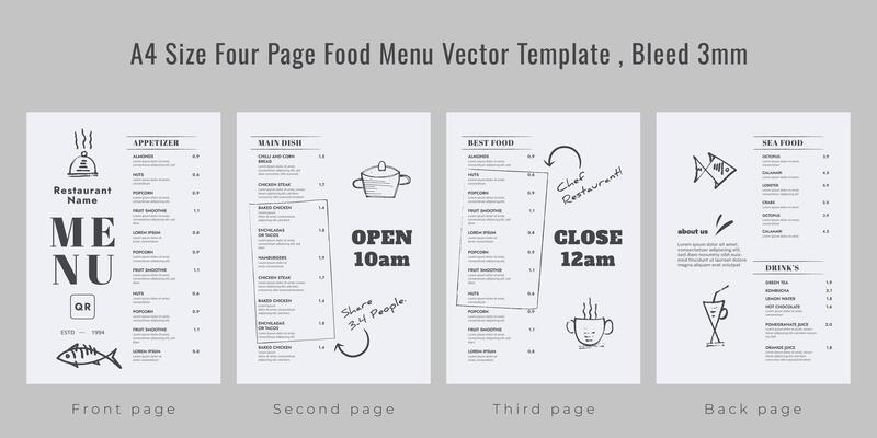 Restaurant cafe menu, template design, A4 size four page food menu template, Bleed 3mm