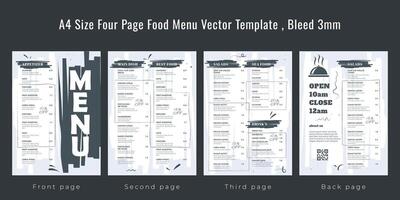 Restaurant cafe menu, template design, A4 size four page food menu template, Bleed 3mm vector