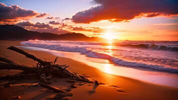 ai generiert ein heiter, malerisch Abend Szene gefangen wie das Sonne setzt Über das still Wellen von ein Strand, ein still Szene von ein verlassen Strand beim Sonnenaufgang, ai generiert video