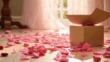 ai generiert Geschenk Box mit Rosa Band und Rose Blütenblätter auf das Boden, ein zart Überraschung, ein Weg von Rose Blütenblätter führen zu ein Überraschung Geschenk, ai generiert video