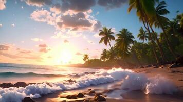 AI generated A stunning sunset over a serene tropical beach, surrounded by lush palm trees, A tropical beach at sunset with palms casting long shadows, AI Generated video