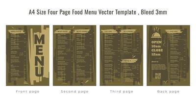 Restaurant cafe menu, template design, A4 size four page food menu template, Bleed 3mm vector