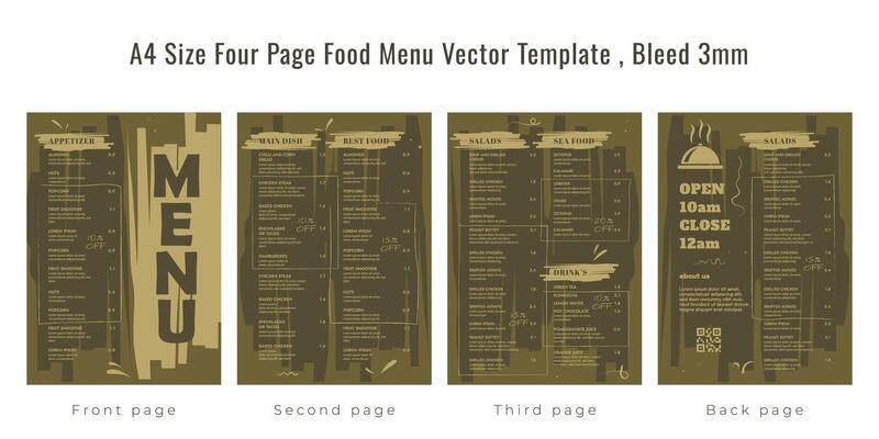 Restaurant cafe menu, template design, A4 size four page food menu template, Bleed 3mm