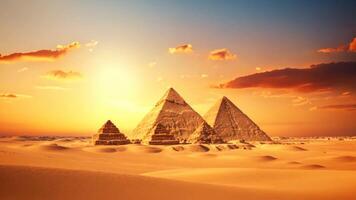 AI generated A breathtaking view of three pyramids silhouetted against the vibrant hues of a desert sunset, Ancient pyramids of Giza with a backdrop of the desert, AI Generated video