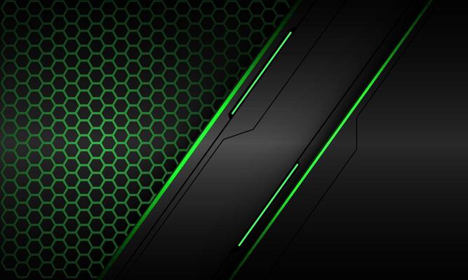 Abstract green light hexagon mesh dark grey metallic black line cyber geometric slash design modern technology futuristic creative blackground vector