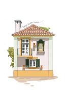 tiny house with green windows and yellow and white walls with flower pots vector