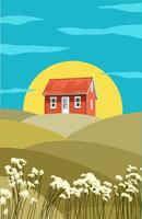 ilustración de un rojo pintado casa en un colina con diente de león y el cielo es azul vector