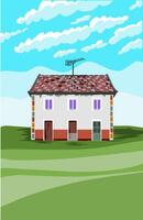 a simple house in the middle of a field with a blue sky and clouds in the background vector